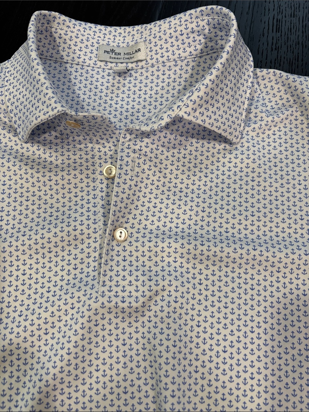 Peter Millar Summer Comfort White Polo with Blue Anchor Print